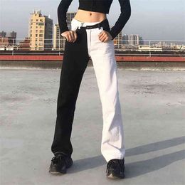 Women Jeans Stitching Colour Block Patchwork Straight Trousers Button Up Elegant Ladies High Waist Casual Clothing 210522