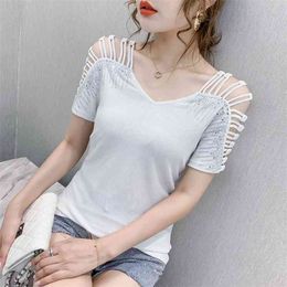 Women's Summer T-shirt Strapless Half-sleeved Korean Sexy Diamond Fashion Short-sleeved Wild Tees Female Tops PL005 210506