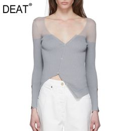 summer fashion V-neck full sleeves asymmetrical pullover sexy transperant quality T-shirt female Tee WM40703M 210421