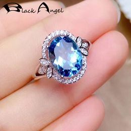 Cluster Rings BLACK ANGEL Luxury Oval Blue Topaz Gemstone 925 Sterling Silver Adjustable Ring For Women Wedding Fashion Jewellery Christmas Gi