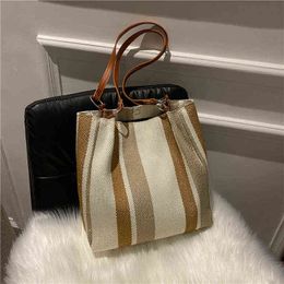 Shopping bag, women's Canvas Handbag, vintage stripe belt bag, large capacity handbag, new winter series 2021 220310
