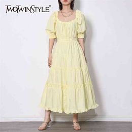 Yellow Dress For Women O Neck Puff Short Sleeve High Waist A Line Mid Loose Solid Dresses Female Fashion Style 210520