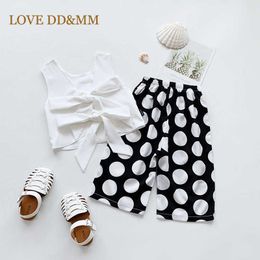 LOVE DD&MM Girls Sets Summer Children's Clothing Girls Bow Sleeveless Shirt + Polka Dot Wide Leg Pants Two-Piece Suit 210715