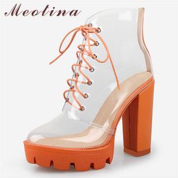 Meotina Autumn Ankle Boots Shoes Women Transparent Platform Chunky Heels Short Boots Lace Up Super High Heel Female Shoes 36-41 210608