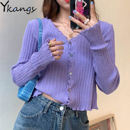 Women V-Neck Knitted Jacket Casual Ruched Short Sweaters Cardigans Lady Knitting Soft Thin Coat Autumn Cardigan Outwear Female 210412