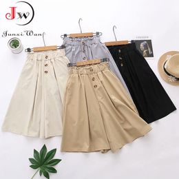 Summer Korean Style Cotton Wide Leg Shorts Skirts Women Solid High Waist Casual Knee Length Short Pants Beach 210510