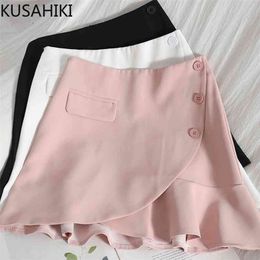Korean Buttons Elegant Irregular Ruffle Mini Skirt Womens Summer High Waist A-line Skrits Mujer Faldas 6J448 210603