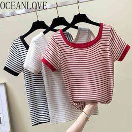 Striped Square Collar Women T Shirt Short Sleeve Spring Summer Knitted Ropa Mujer T-shirt Casual 14266 210415