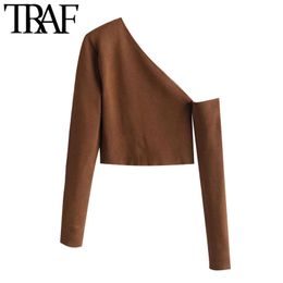 TRAF Women Fashion Hollow Out Cropped Knitted Sweater Vintage Asymmetric Neck Long Sleeve Female Pullovers Chic Tops 210415