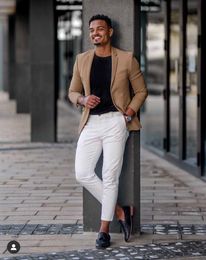 Khaki Jacket White Pant Costume Homme Slim Fit Men Suits Wedding Tuxedos Groom Business Party Prom Best Men Blazer Masculino X0909