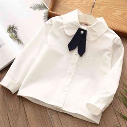 New Spring Autumn 3 4 6 8 10 12 Years All Match Formal Long Sleeve Cotton White Solid Colour Kids Girls Bowtie Blouses Shirt 210414