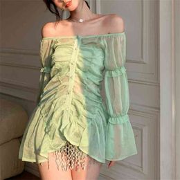 Off Shoulder Sweet Lace Chiffon Shirt Women's Summer Thin Sunscreen Medium Long Green with Sleeve Top 2 pieces 210529