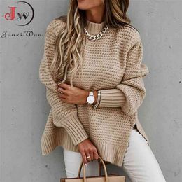 Autumn Winter Women Knitted Sweater Mock Neck Casual Loose Basic Pullovers Warm Elegant Solid Batwing Sleeve Side Split Tops 210812