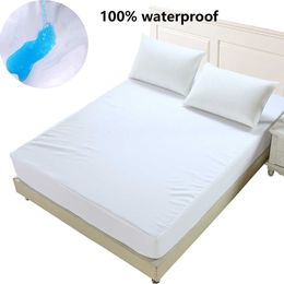 Waterproof Solid Mattress Cover King Queen Full Twin Single Size Fitted Sheet With All-Around Elastic Rubber Band Bed Sheet 210626