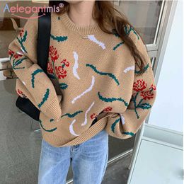 Aelegantmis Vintage Oversized Print Sweater Women Cosy Rose Flower Knitted Pullover Loose Casual Korean Jumpers Chic Harajuku BF 210607