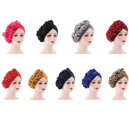 Fashion Women Flower Turban Cap Soild Color Muslim Headscarf Pleated Bonnet Inner Hijabs Arab Head Wraps Indian Hat Accessories