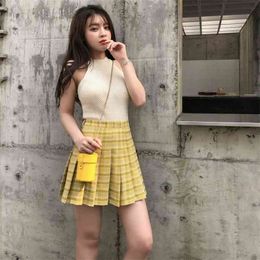 Yellow Plaid Skirt Pleated Green Skirt High Waist A-line School Female Short Mini Skirts Womens Korean Japanese 210412