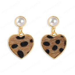 Leopard Flannel Love Heart Drop Earrings Women Imitation Pearl Dangle Hanging Earring Trendy Jewelry