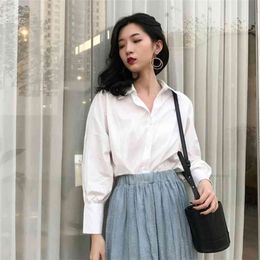 Spring Autumn Women Loose Batwing Sleeve Cotton White Shirts All-matched Casual Solid Turn-down Collar Blouse Ladies Tops S424 210512