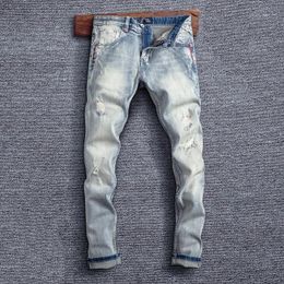 Men's Jeans Italian Style Fashion Men Retro Light Grey Blue Elastic Slim Fit Ripped Patchwork Vintage Designer Casual Pants