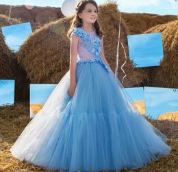 Sky Blue Tulle Princess Flower Girls' Dresses with 3D-Applique Lace Buttons Back Communion Dress Birthday Party Gowns