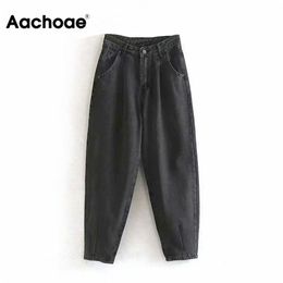Aachoae Women Streetwear Pleated Mom Jeans High Waist Loose Slouchy Pockets Boyfriend Pants Casual Ladies Denim Trousers 210809