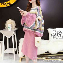 Fresh Sweet Suit Panelled Patchwork Knit Pullover Sweater + Solid Color All-match Skirt Two-piece Set Women 1F685 210422