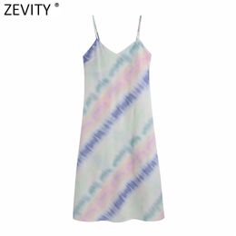 Women Vintage Colorful Tie Dyed Print Casual Sling Midi Dress Female Chic Backless Spaghetti Strap Summer Vestidos DS8203 210416