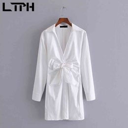 Office Lady High waist Bow Poplin shirt dress women simple white Single Breasted all-match elegant dresses Spring 210427