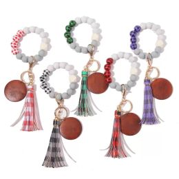 Christmas plaid Wood bead Wood chip bracelet Key chain Silicone bead bracelet PU tassel bracelet Holiday gifts from stock