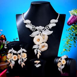 Earrings & Necklace GODKI 4PCS Luxury Morning Glory Flower African Jewellery Set For Women Wedding 2 Tone Fashion Sets 2021