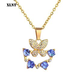 Pendant Necklaces XLNT Luxury Necklace Women Blue Crystal Butterfly Statement For Sweater Chain Choker Fashion Jewelry