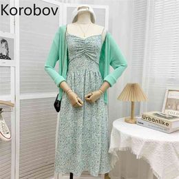 Korobov Summer Women Dress Korean Sweet Flower Print A-Line Dresses Beach Style Boho High Waist Dresses 210430