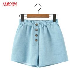 Tangada Women Elegant Blue Buttons Shorts Pockets Female Retro Casual Shorts Pantalones 8H93 210609