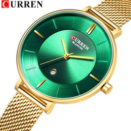 Womens Analogue Quartz Watches with Stainless Steel Mesh Strap Curren New Slim Ladies Wristwatch with Date Gold Female Clock Gifts Q0524