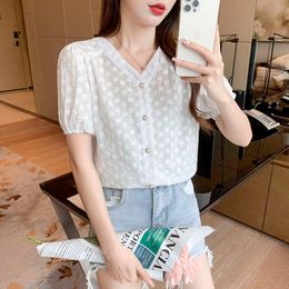 Summer Korean Fashion Womens Tops and Blouses Chiffon Women Short Sleeve White Shirts Plus Size XL Ladies 210531