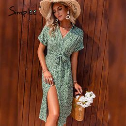 Green Print Button Midi Sundress Holiday V-neck Summer Women Dresses Casual Lace-up Ladies Elegant A-line Vestidos 210414