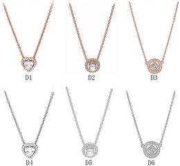 Echtes S925-Sterlingsilber für Pandora-Paar-Halskette, Roségold, klassisch, elegantes Halsketten-Set, DIY-Herz, Liebe, Herz, blauer Crysta-Charm für Perlen-Charms