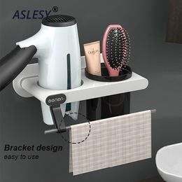 Plastic Hair Dryer Holder Wall Mount Shelf Makeup Storage Nail Free Bathroom Organizer Brushes Blow Drier Toothbrush Holder Cup 210331