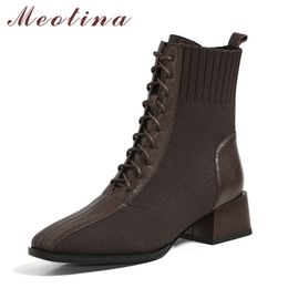 Meotina Short Boots Women Shoes Genuine Leather Mid Heel Ankle Boots Square Toe Block Heels Lace Up Boots Lady Brown Black 33 40 210520