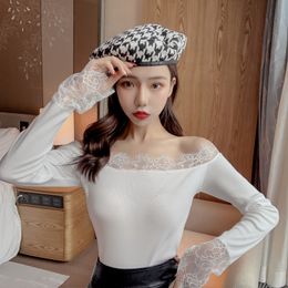 Lace Spring one-word collar lace Sexy Slim fit Long sleeve T shirt Women Strapless Tops Blusa korean clothes 670C 210420