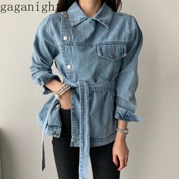 Gaganight Fashion Korean Women Jeans Coat Minimalism Vintage Flanging Denim Coat Casual Slim Girls Jeans Jacket with Sash 210519