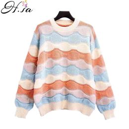 Fall Fashion Women Rainbow Sweater and Pullovers Long Sleeve Colorful Striped Loose Sweaters Outwear Tops 210430