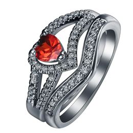 Wedding Rings Hainon Love Vintage Promise 2pc Jewellery Gift Romantic Heart Red Blue Zircon Black Gun Engagement Ring Sets For Women