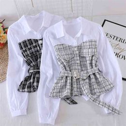 Women Plaid Shirt Female Autumn Korean Loose Long-sleeved Stitching Fake Two-piece Blouse Turn-Down Collar Top Y1145 210507