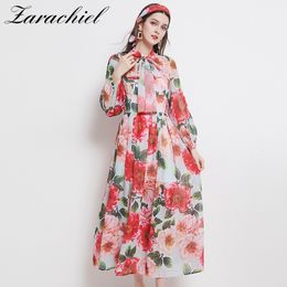 Long Lantern Sleeve Rose Flower Printed Women Maxi Dress Elegant Bow Collar Chiffon Floral Pleated Summer Vestidos 210416