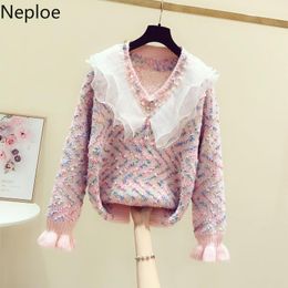 Neploe Gauze Sequined Patchwork Sweater Woman V-neck Colour Mixture Knit Pullovers Fall Women Clothes Sweet Jumper Sueter 210423