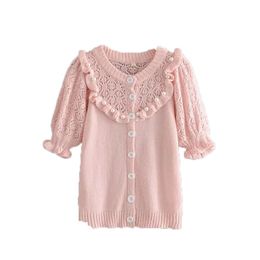 Women Sweet Chic Pearl Ruffles Decoration Knitted Blouses Fashion Girls Buttons O-Neck Puff Sleeve Shirts Tops 210520