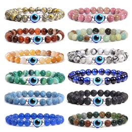 8MM Beaded strand Natural Stone Evil Eye Bracelet Handmade Elastic Crystal Bracelets Women Men Reiki Jewellery Yoga