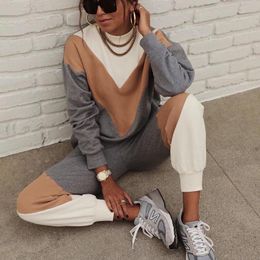 Women's Two Piece Pants Casual Women Sport Suits Tracksuits Fashion Splicing Print Sets Sweatshirt Top Loose Long Jogging 2021